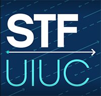 STF UIUC logo with white arrow pointing to left and blue background
