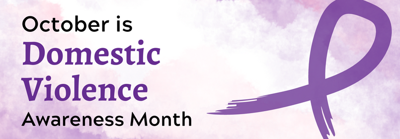 October is Domestic Violence Awareness Month banner graphic with purple ribbon and textured purple background