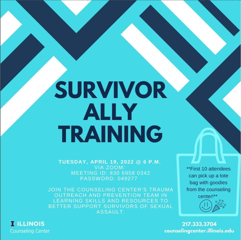 Survivor Ally Training promo with aqua blue background, angled blue and white line pattern, and a tote bag illustration
