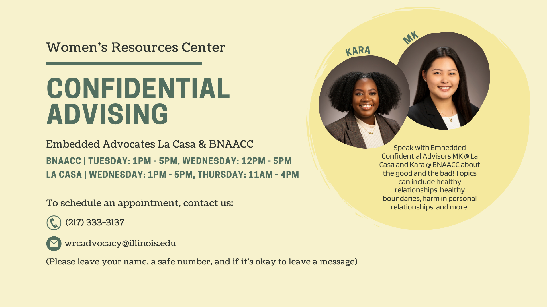 Yellow background with black and green text. Image includes photos of embedded confidential advisors and their hours at BNAACC and La Casa.