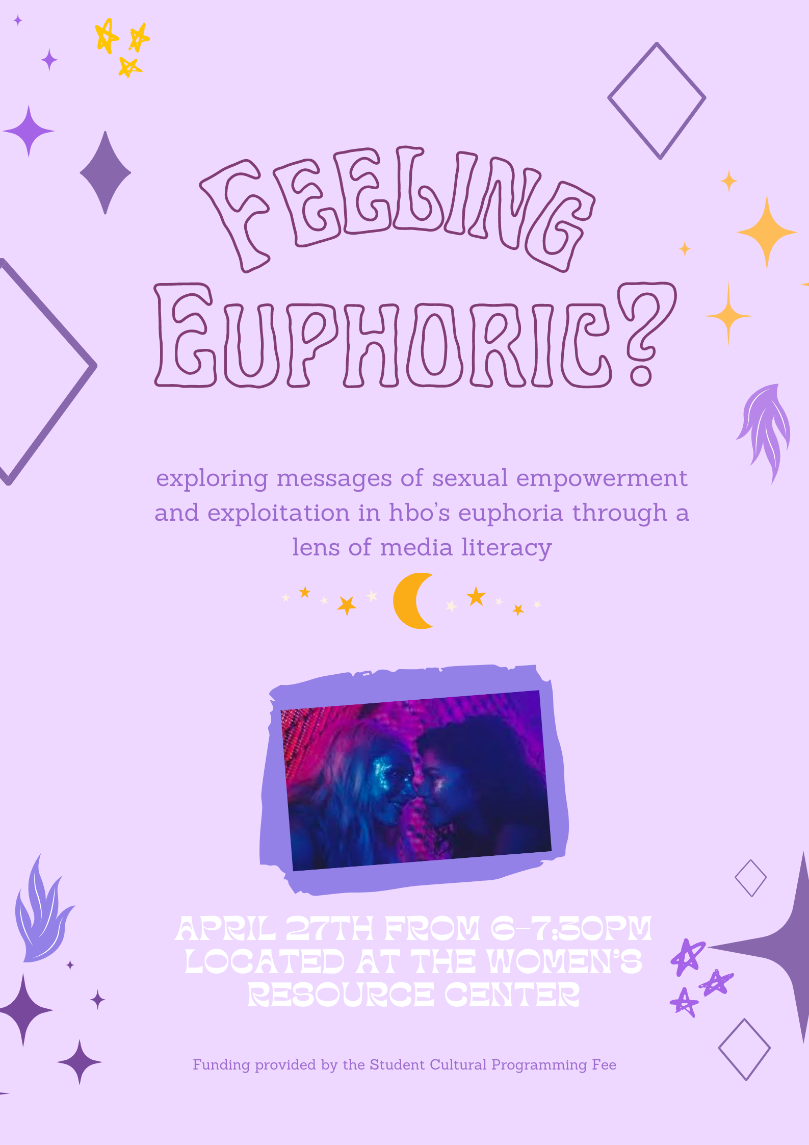 Feeling Euphoric? promo with purple background, doodles, and a screenshot from the Euphoria TV show
