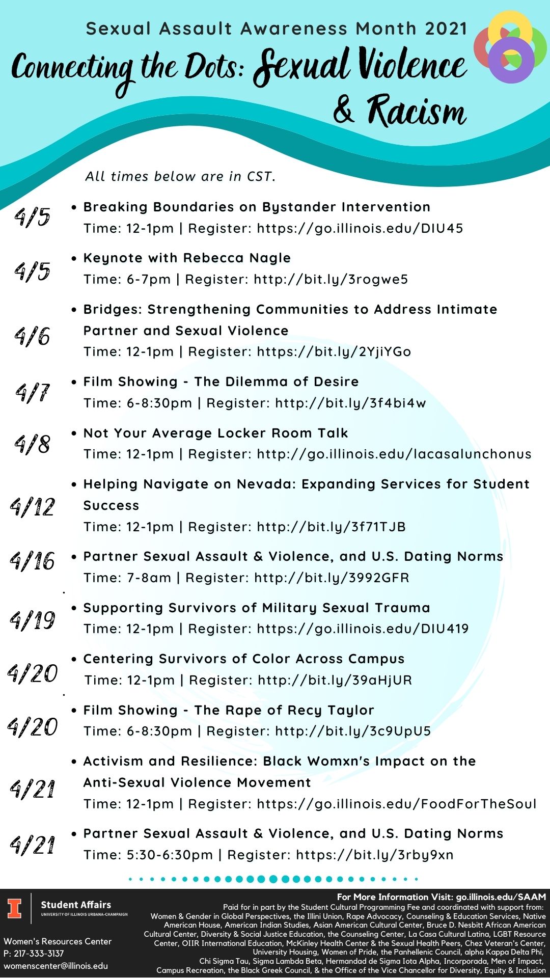 2021 Sexual Assault Awareness Month schedule poster with aqua blue wave lines at top