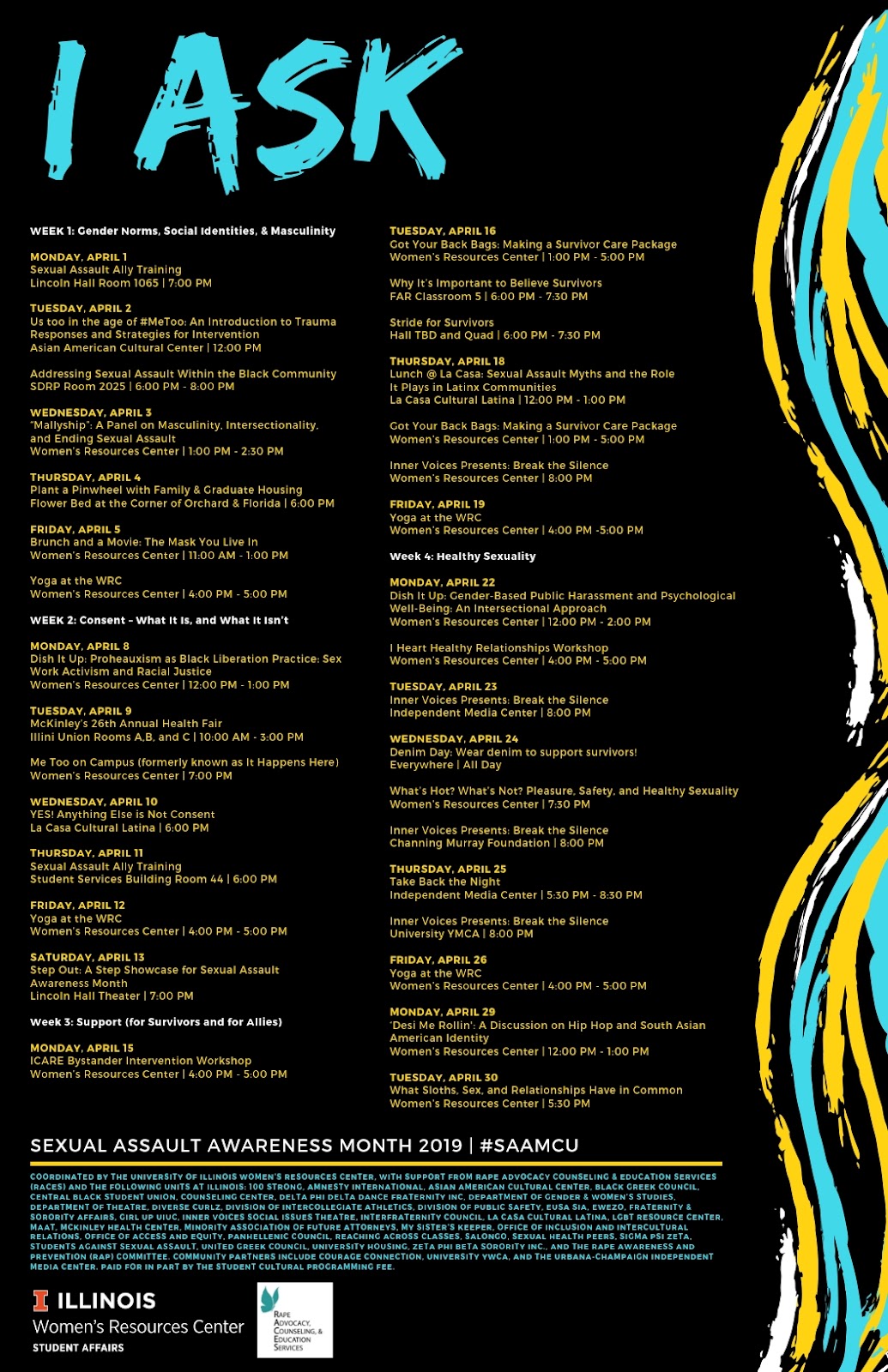 Sexual Assault Awareness Month 2019 schedule poster with 'I Ask' blue text, black background, and yellow, blue and white wavy lines on right border