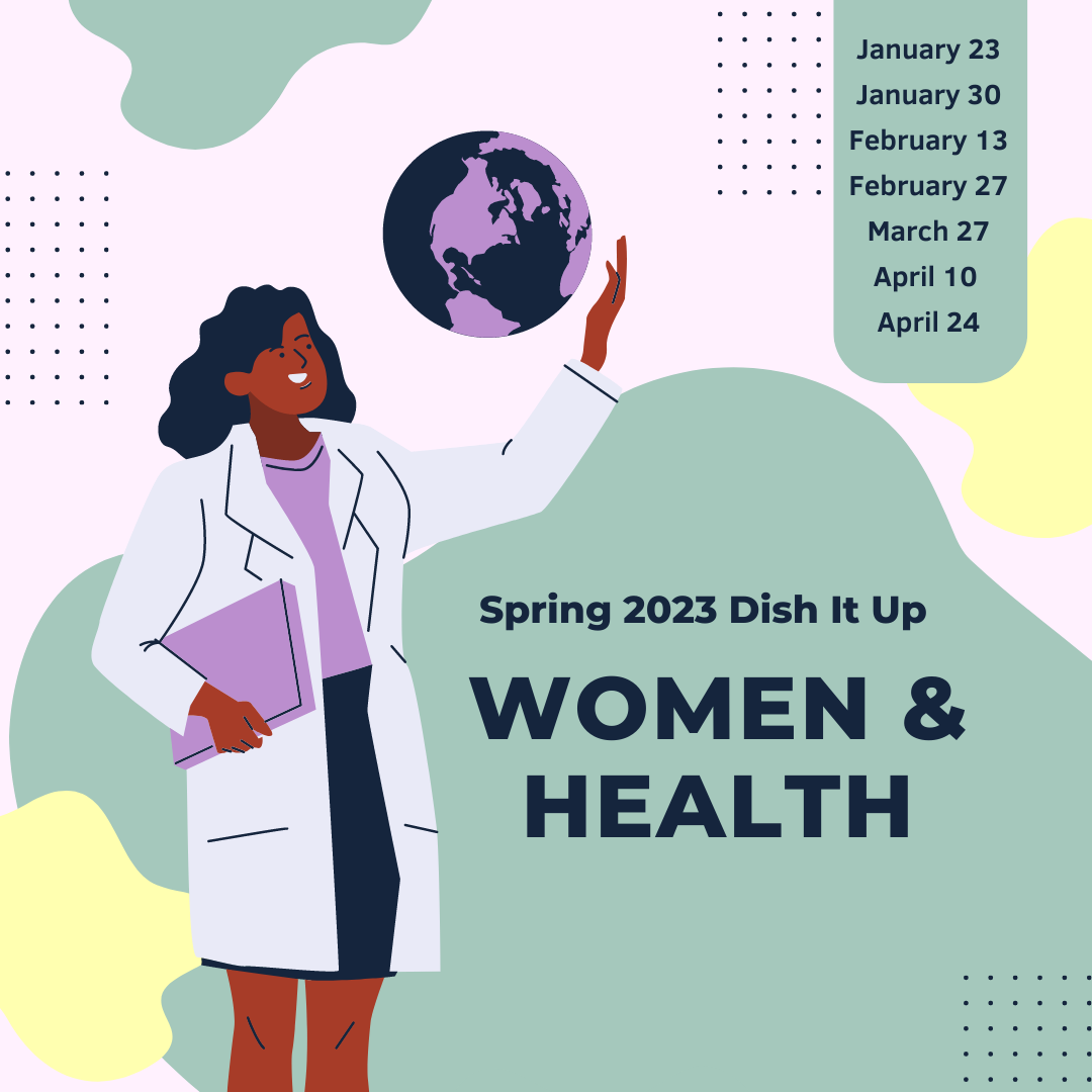 Women & Health graphic featuring illustration of a woman in medical coat with glob hovering over her hand