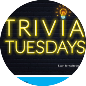 trivia tuesdays with a light bulb in a neon sign style font