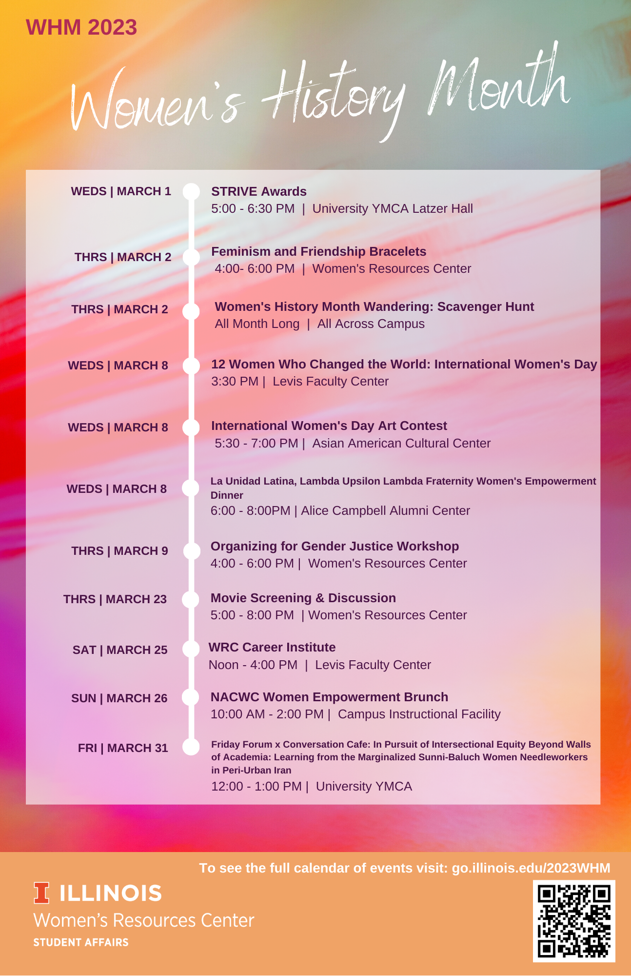 2023 Women's History Month schedule poster with bright, streaks of angled orange, red, and purple colors in background