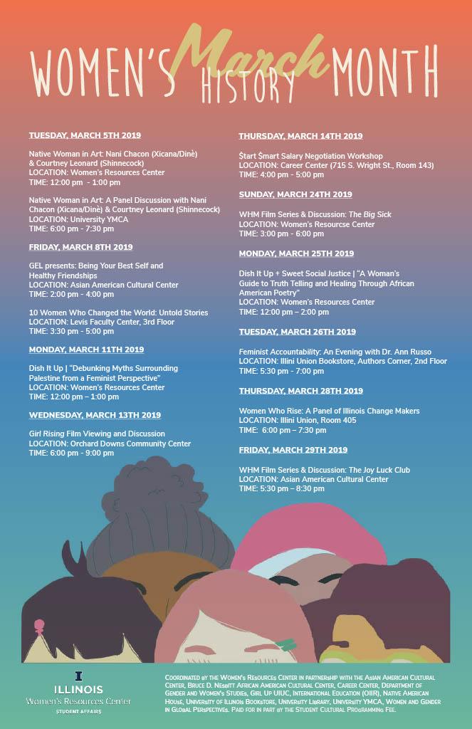 2019 Women's History Month schedule poster with red to blue to green gradient background and illustrations of the top of five women's heads at bottom