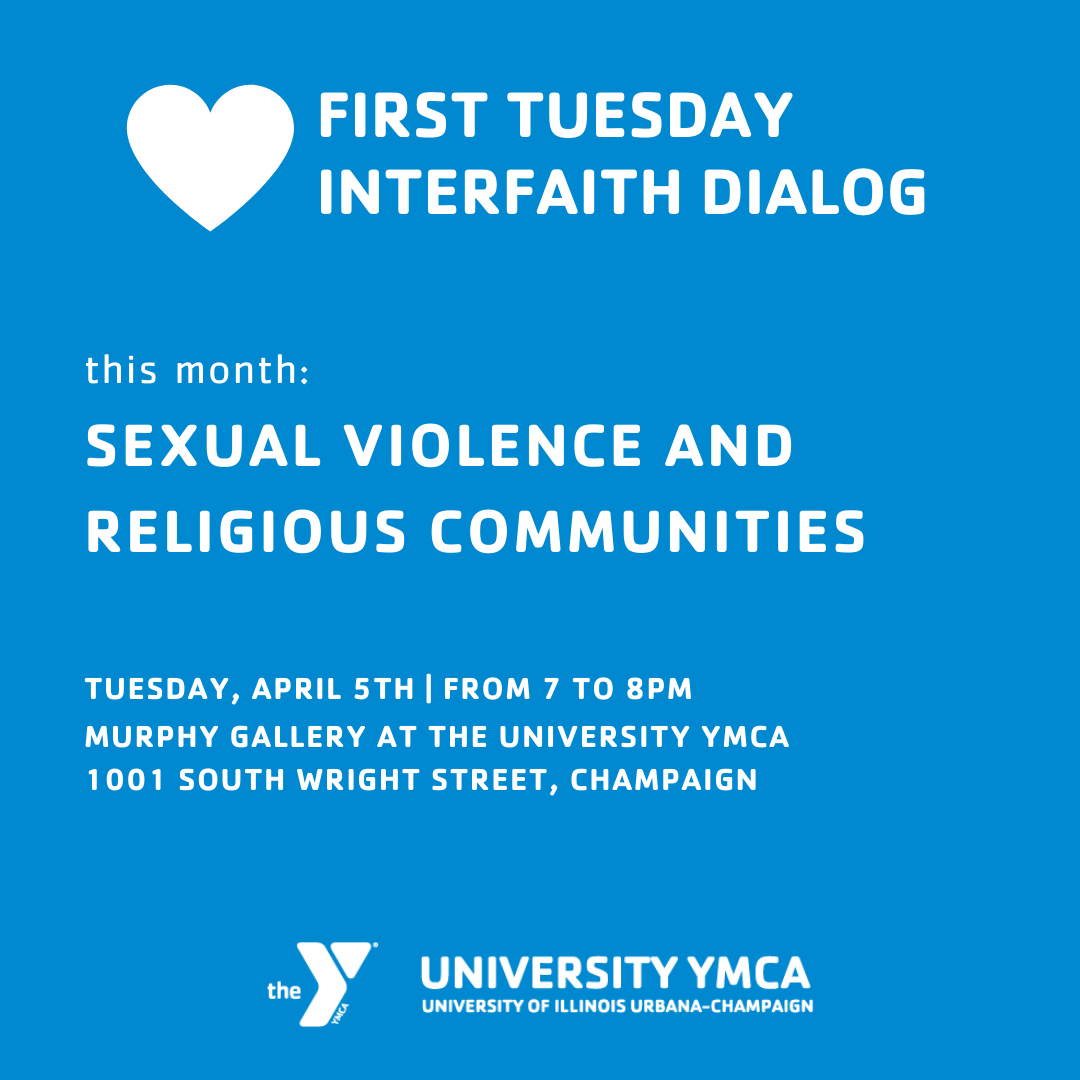 Interfaith Dialog promo featuring royal blue background, a white heart, and the University YMCA logo