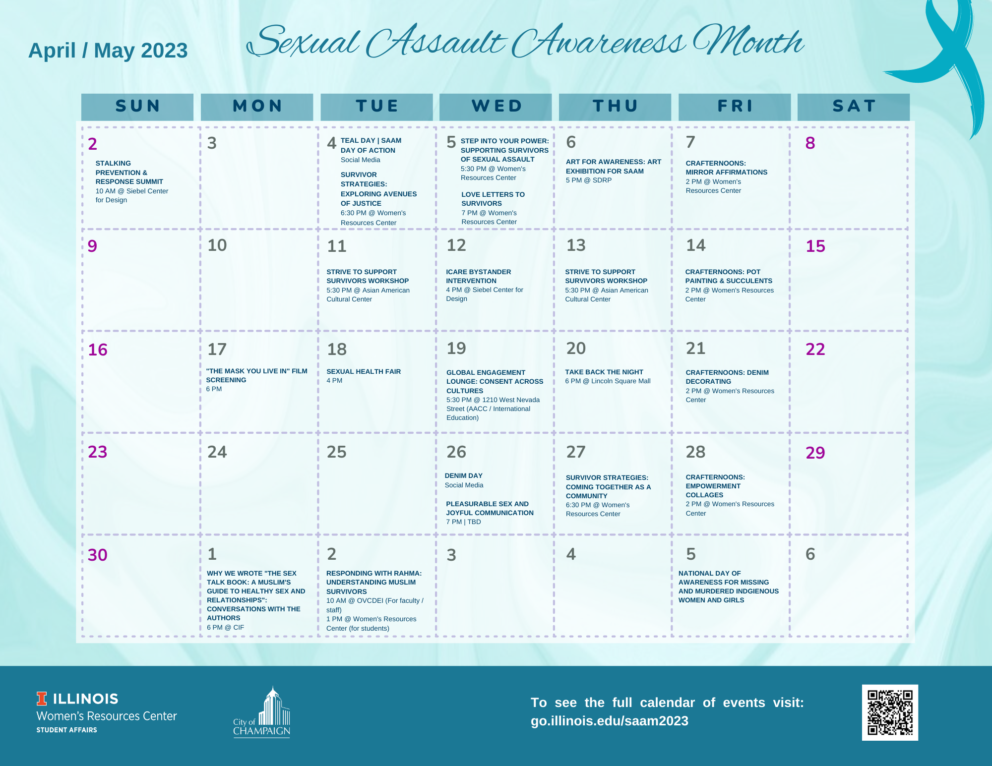 2023 Sexual Assault Awareness Month schedule poster with calendar grid and abstract blue background